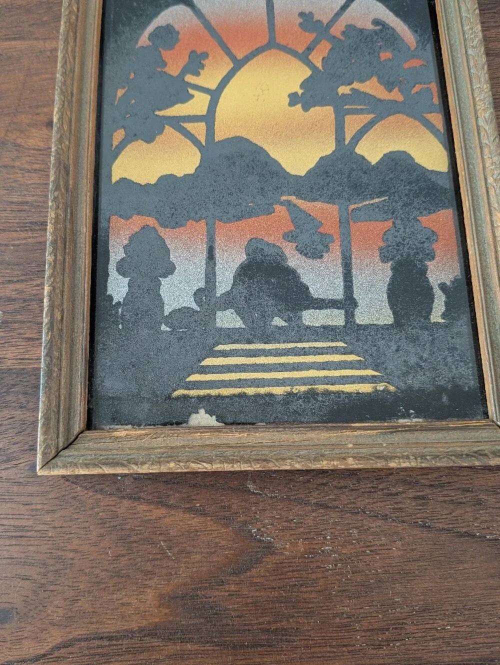 Vintage Set Reverse PaintedSilhouette Window Sunset Couple Lake